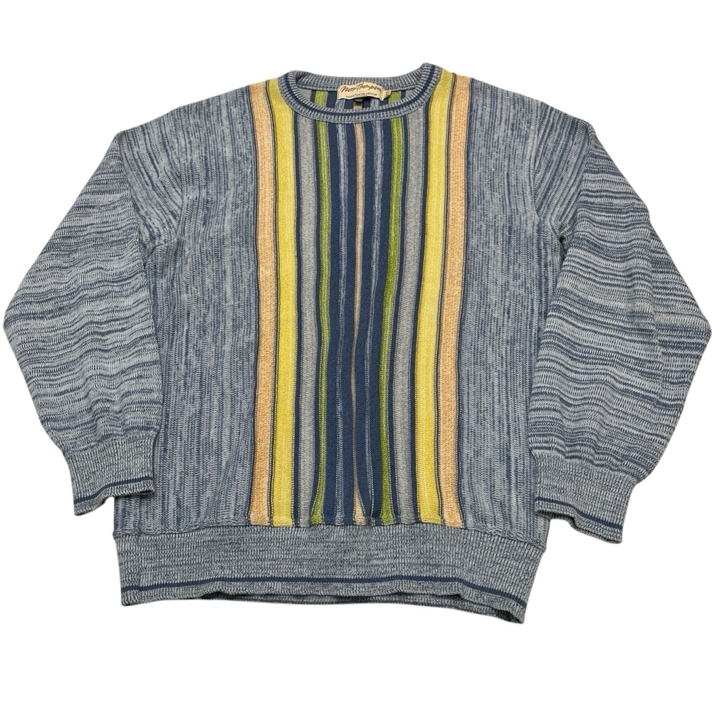 Vintage Norm Thompson Sweater Men M‎ Blue Textured Striped Knit Cosby Grandpa